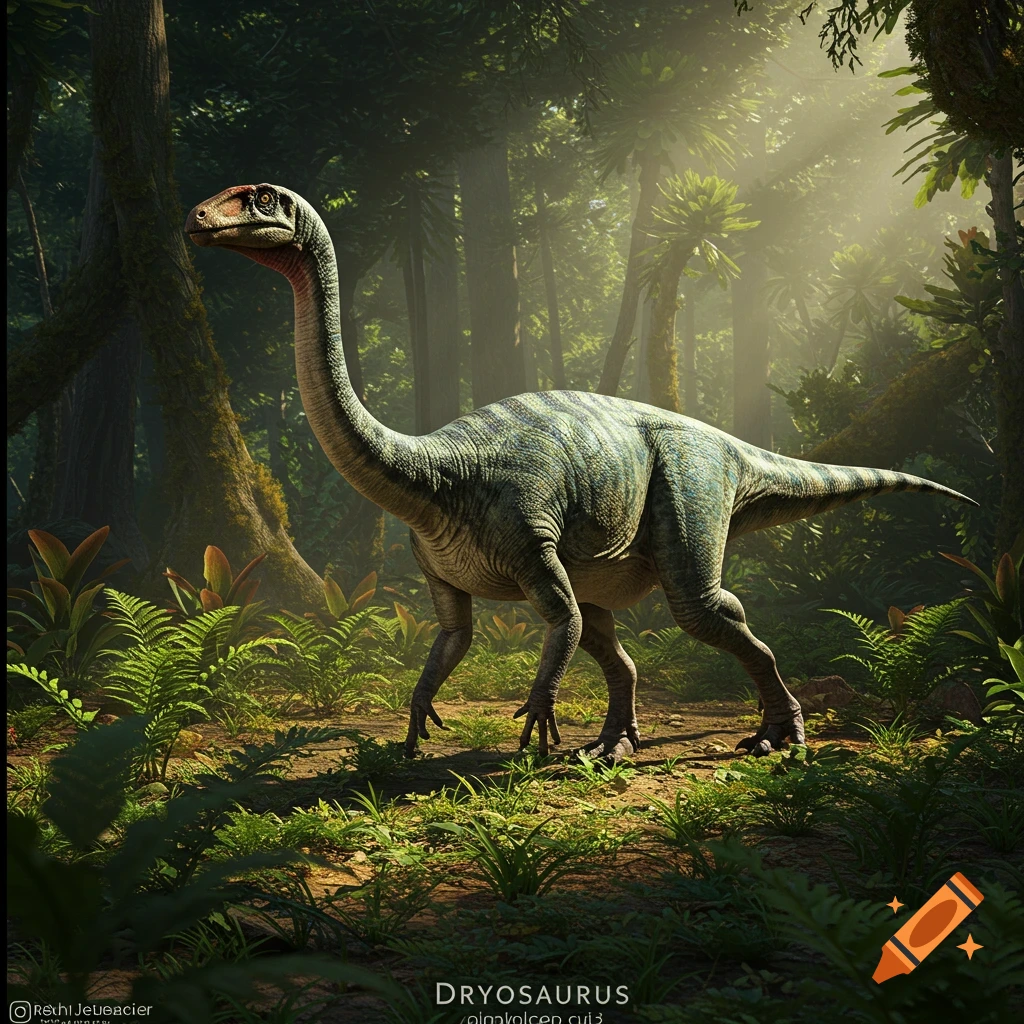 A photorealistic Dryosaurus dinosaur walks through a sun-dappled jungle forest.