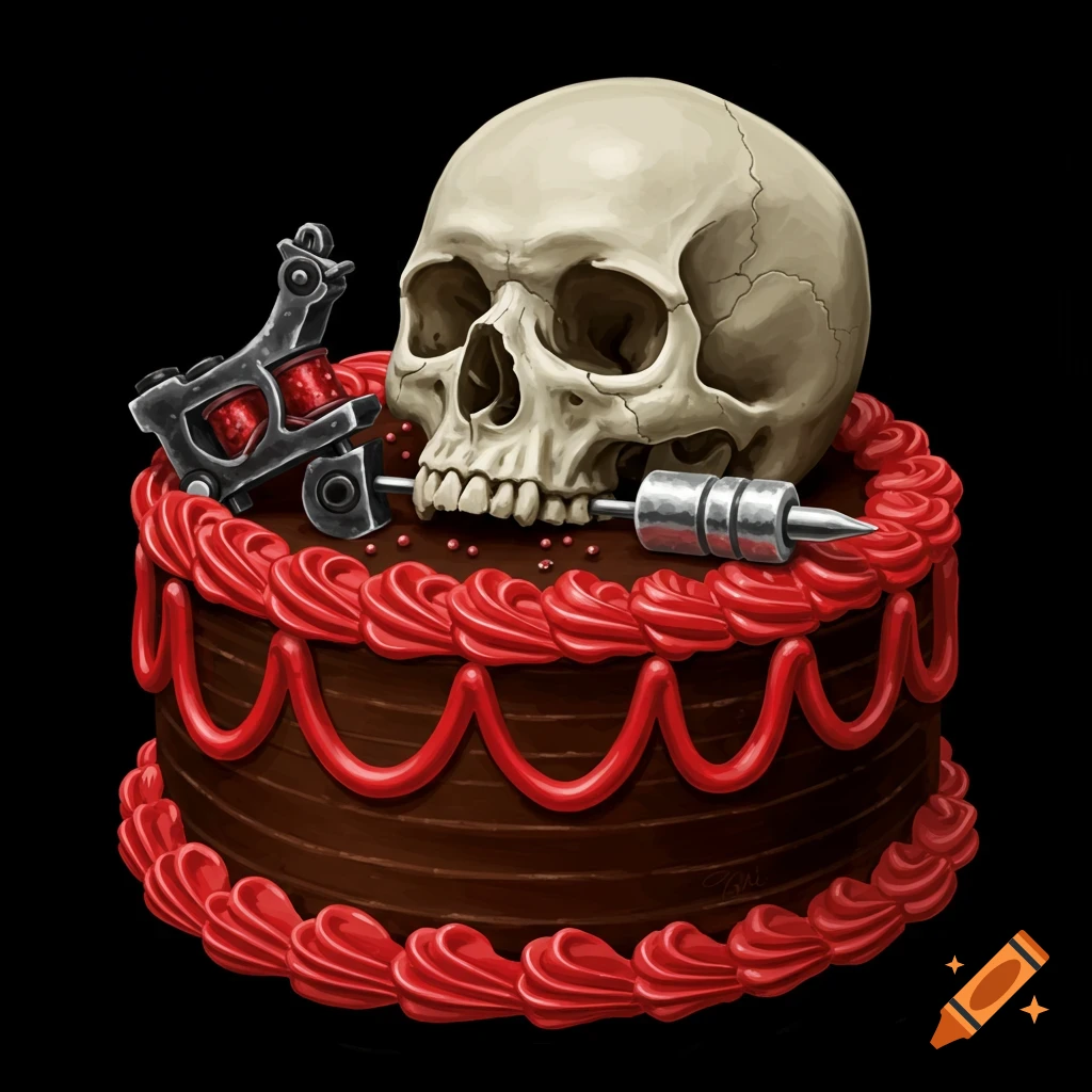 Illustration of a skull and tattoo gun on a chocolate cake with red icing.