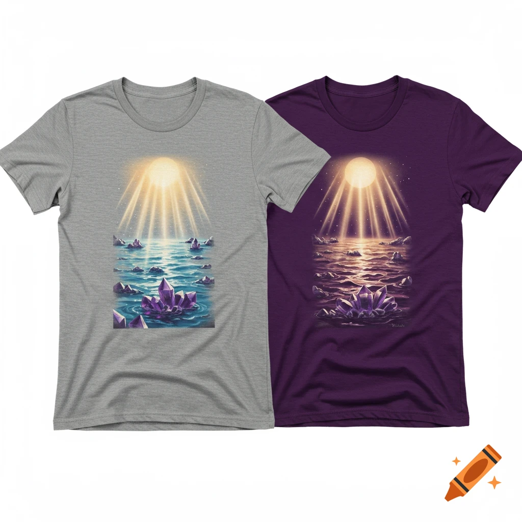 Two t-shirts, grey and purple, feature a design of a glowing moon over water with large purple crystals in the foreground.