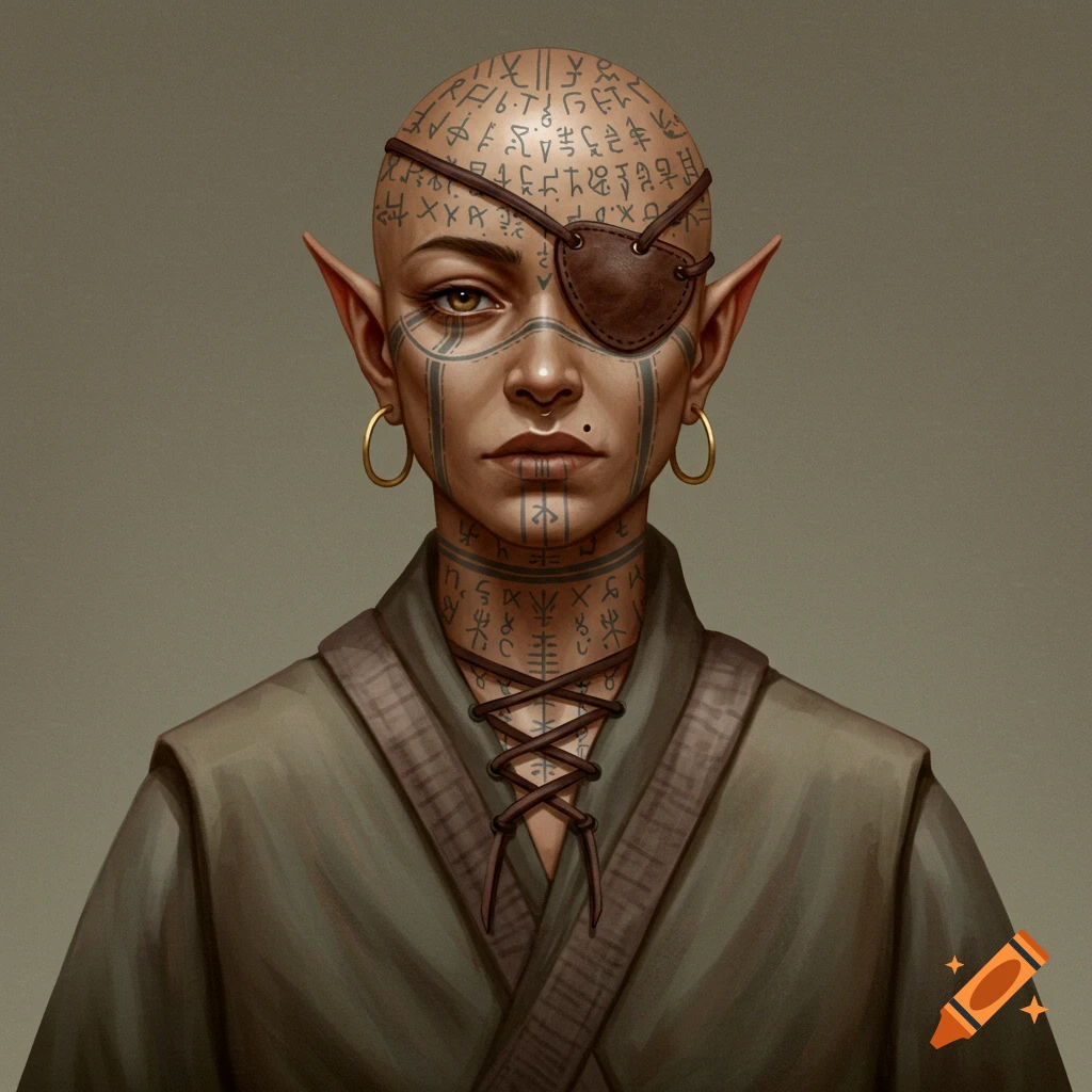 A portrait of a bald elf with an eye patch and elaborate ancient text tattoos on their head and neck, wearing a green robe.