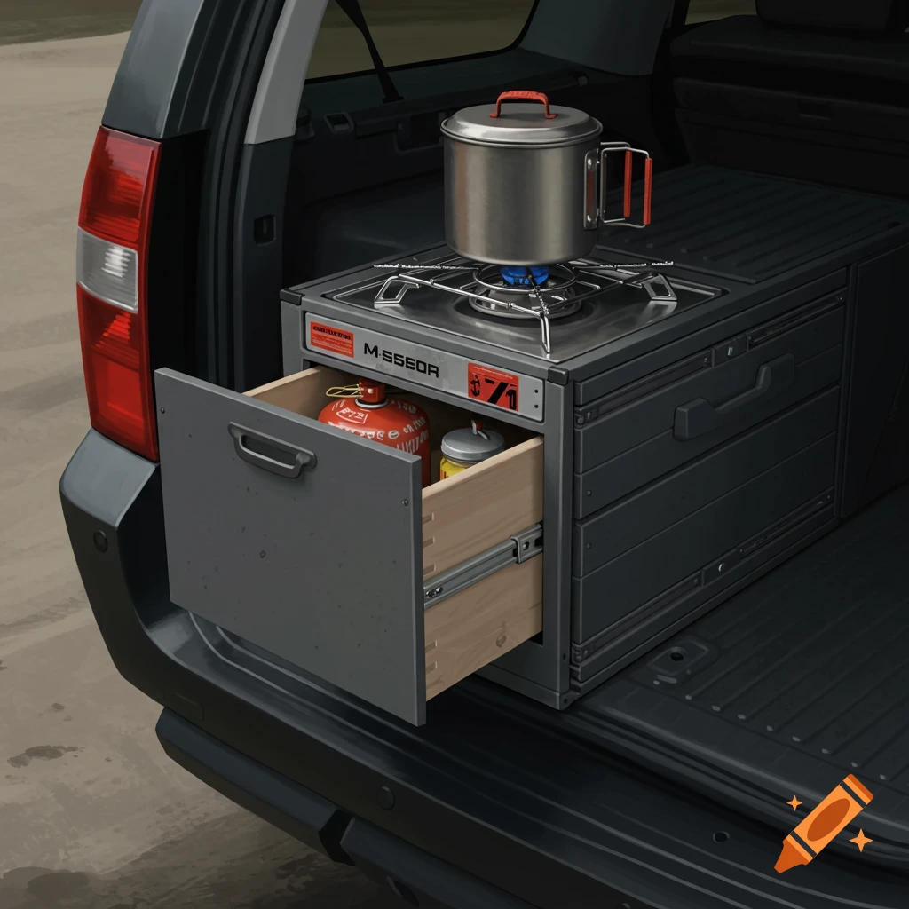 A camping stove on a pull-out drawer unit in the cargo area of an SUV. One drawer is open, showing a gas canister.