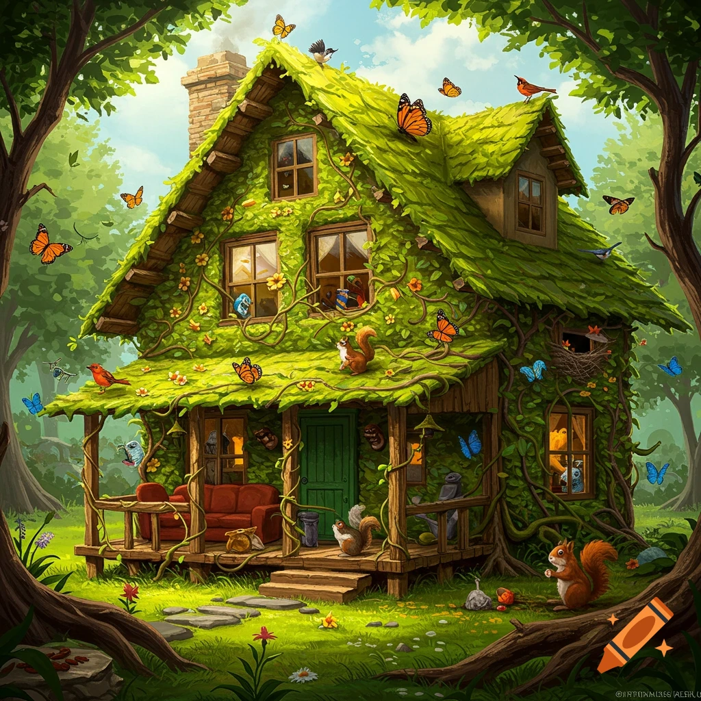 A whimsical house covered in green vines and moss, surrounded by squirrels and butterflies in a forest clearing, in an illustrated style.