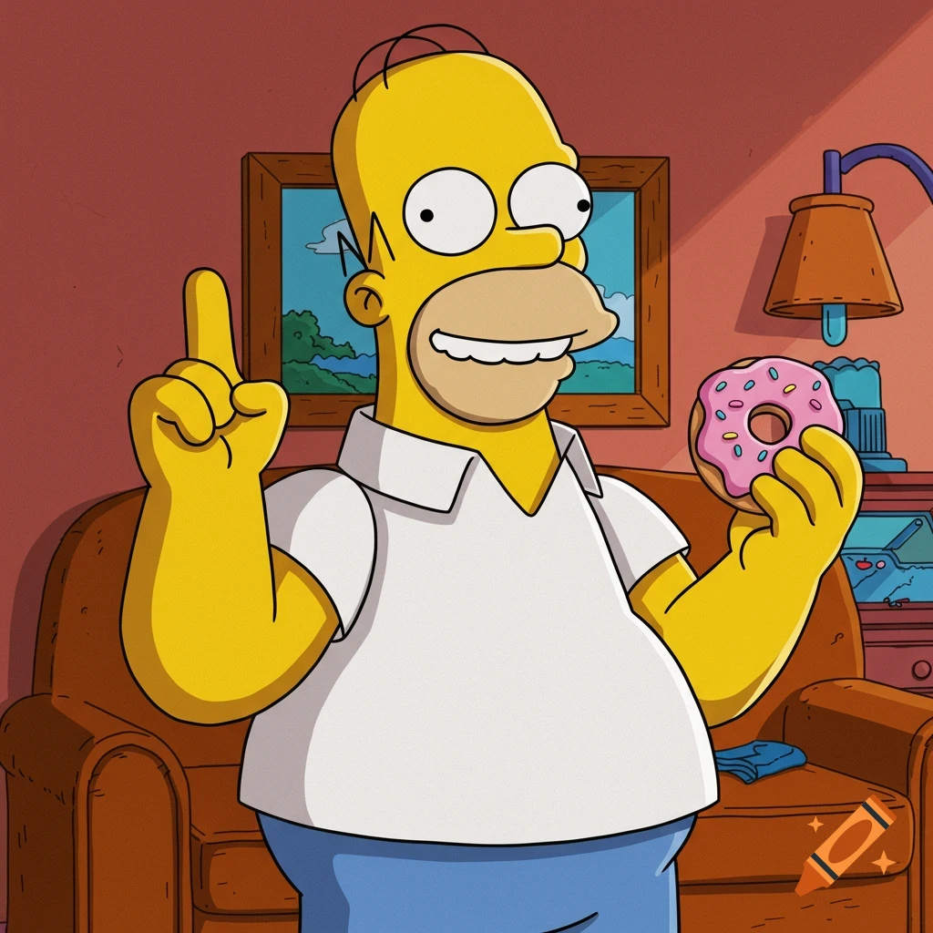 Homer Simpson holding up his finger and a donut in cartoon style.