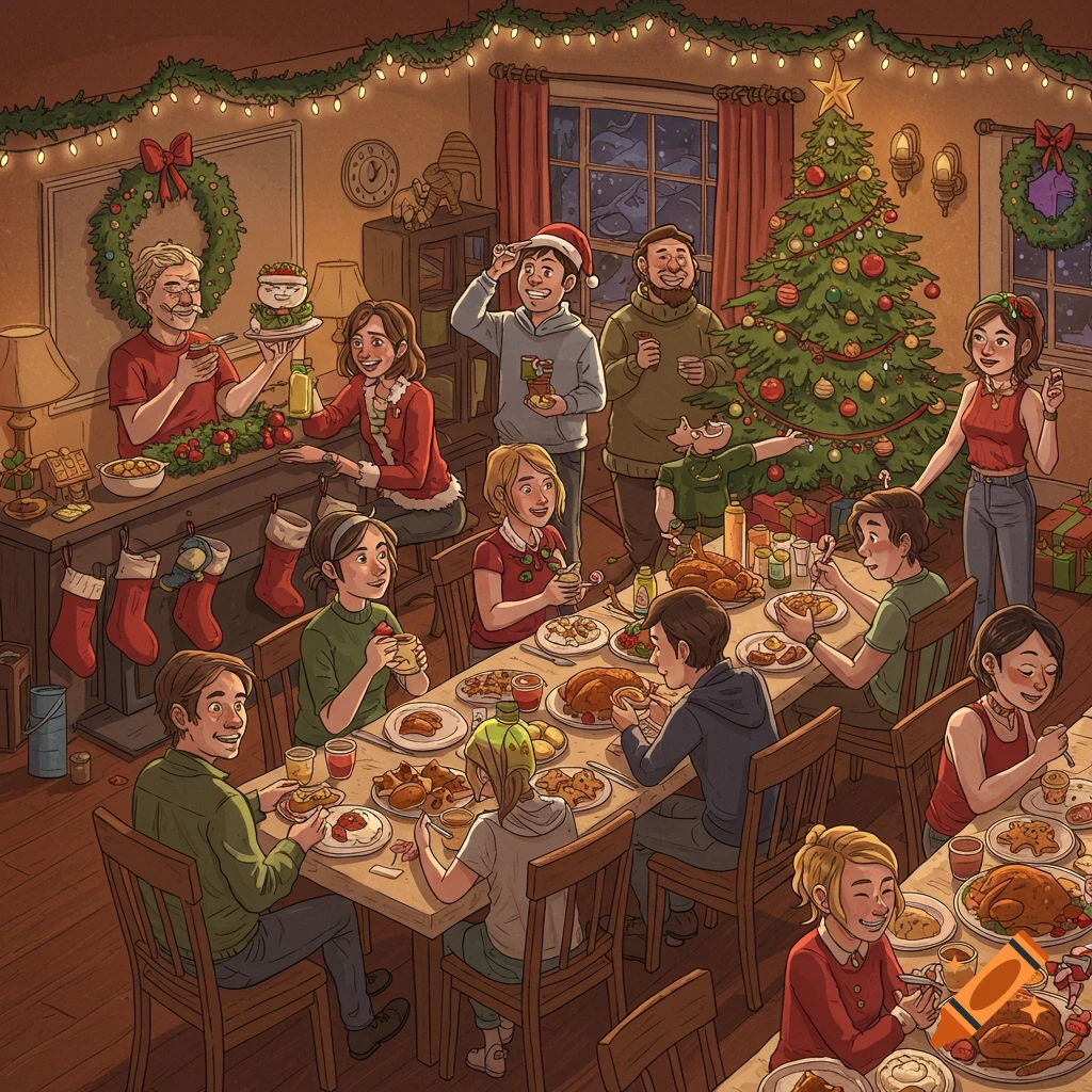 Illustration of a family gathering for a Christmas meal in a house.