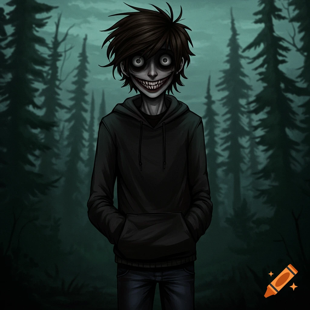 Illustration of a figure with wide eyes and a large grin standing in a dark forest.