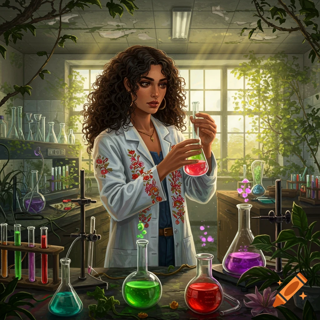 A woman in a lab coat holds a flask in a detailed laboratory overgrown with vines and plants.