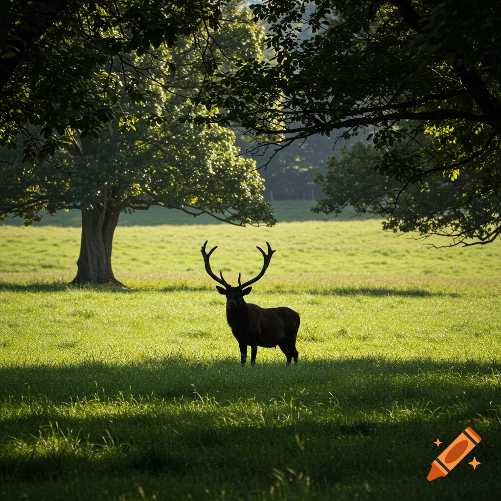 A dark stag stands in a sunlit grassy field framed by trees. Photorealistic.