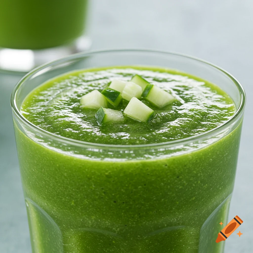 Closeup of a green smoothie topped with diced cucumber in a glass.