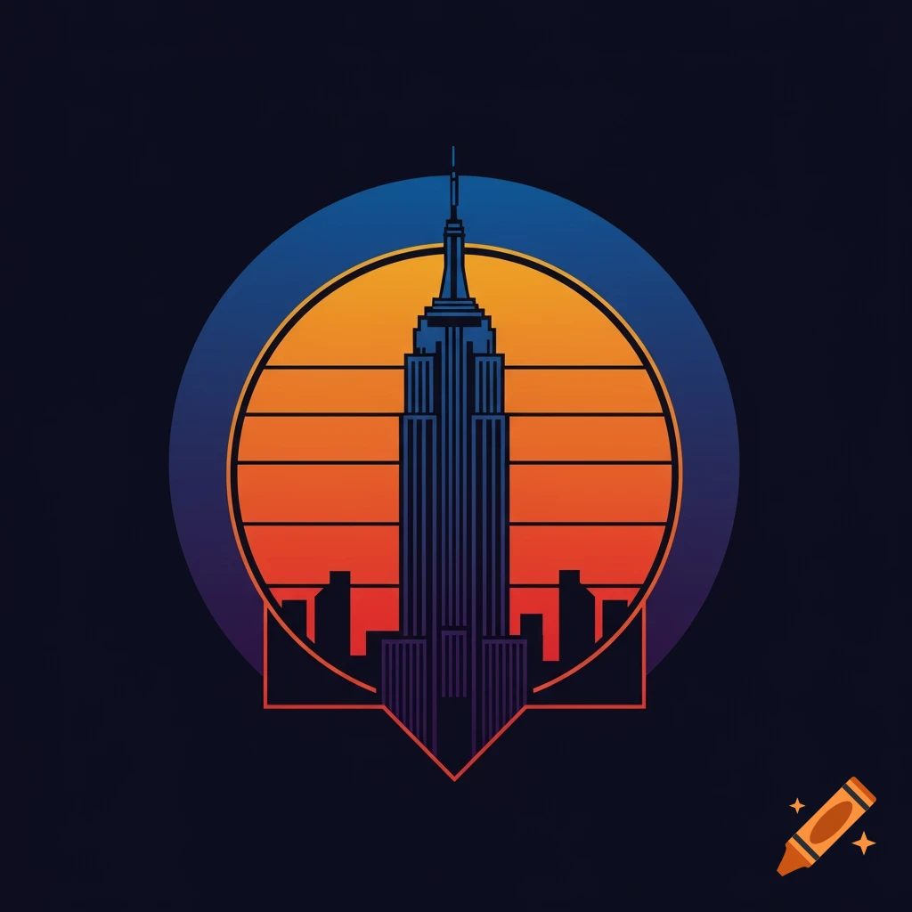 Graphic illustration of the Empire State Building in a retro sunset circle with cityscape elements.
