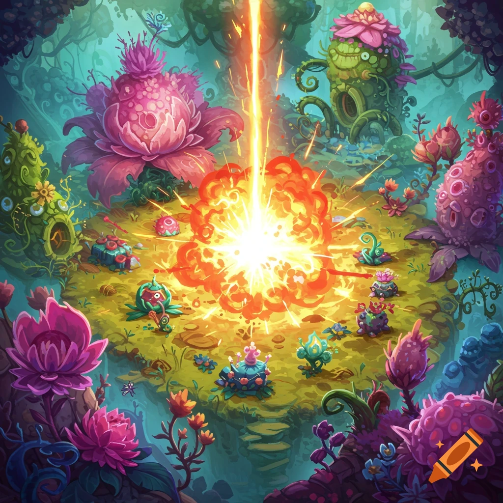 Illustrative scene of colorful plant creatures surrounding a central explosion or energy beam in a fantastical forest.