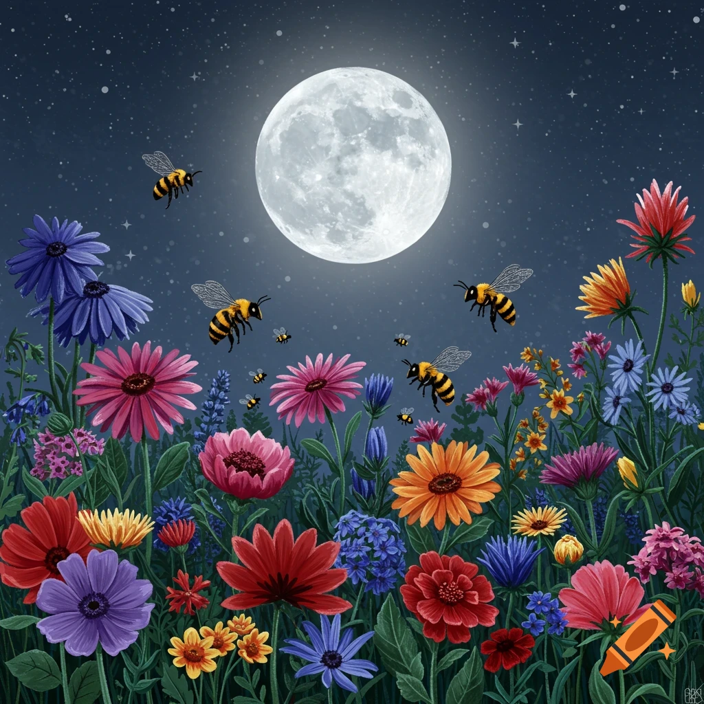 Bees fly among colorful flowers under a bright full moon and starry sky in an illustration.
