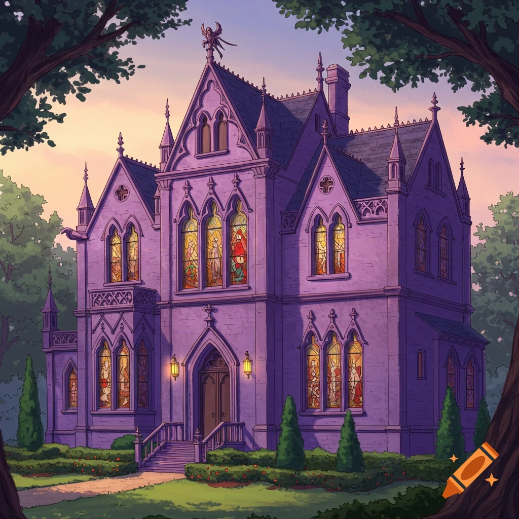 An illustration of a purple gothic mansion with stained glass windows surrounded by trees and bushes at twilight.