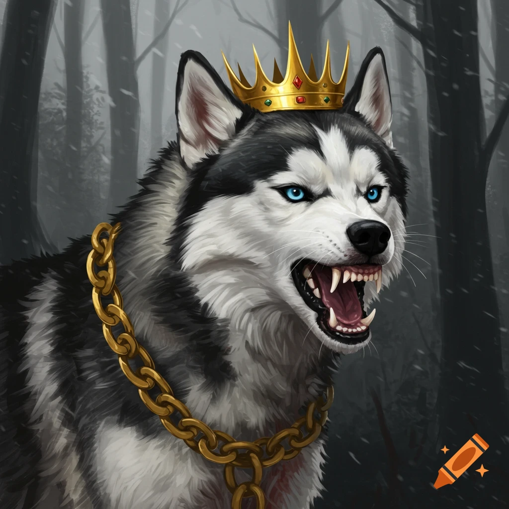 A snarling husky wears a gold crown and chain in a forest.