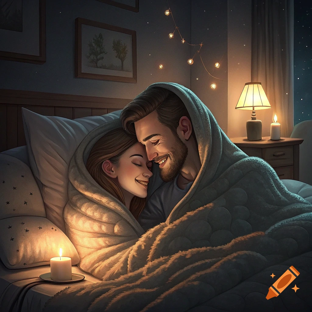 A couple smiling and embracing under a blanket in bed, lit by warm candlelight and string lights in a bedroom.