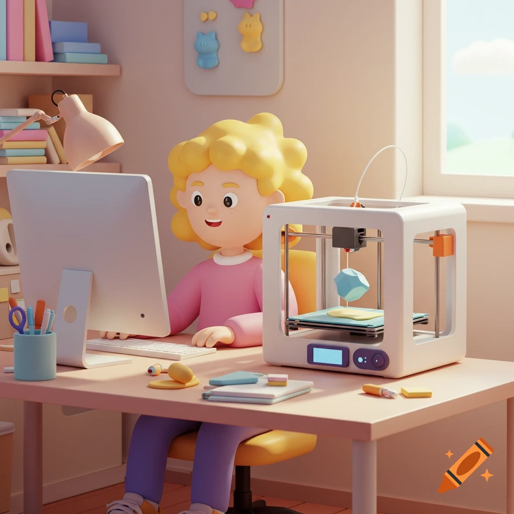 A cartoony person with blonde hair sits at a desk with a computer and a 3D printer.