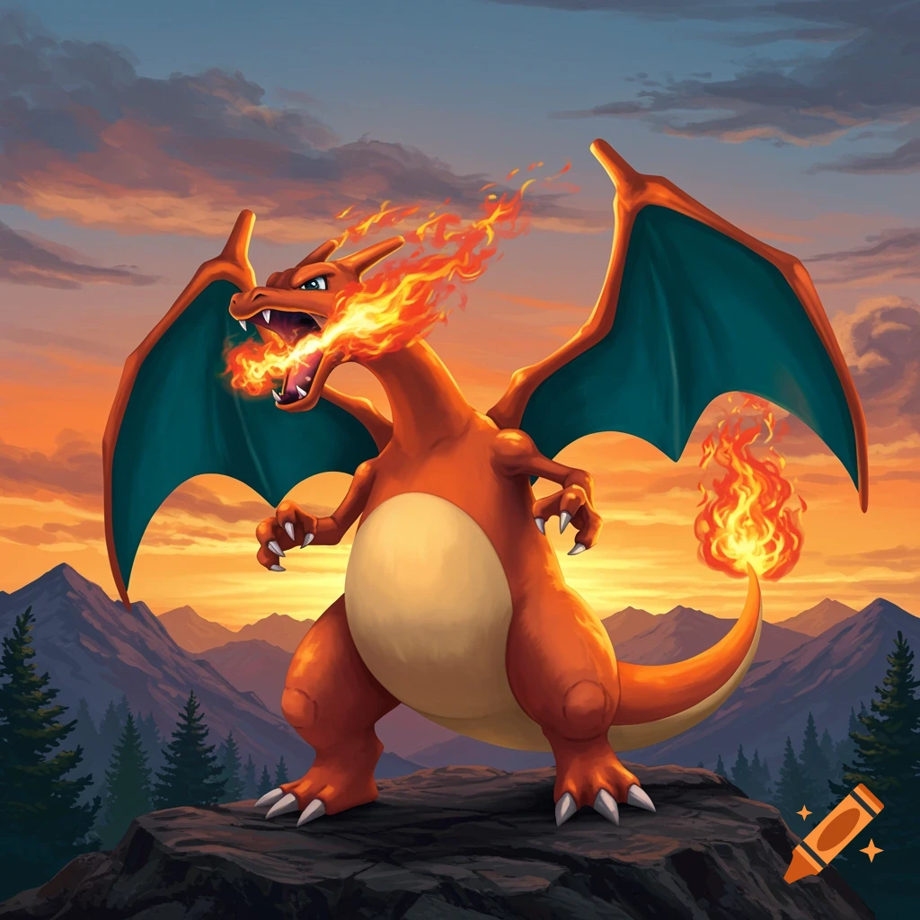 Charizard breathing fire on a rock at sunset in a mountain landscape.