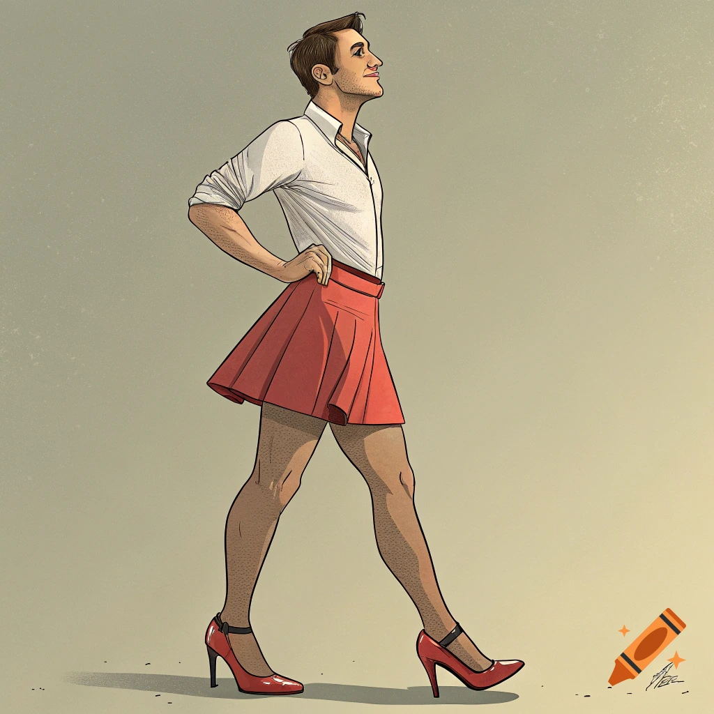 Illustration of a man in a white shirt, red miniskirt, and red heels walking confidently.