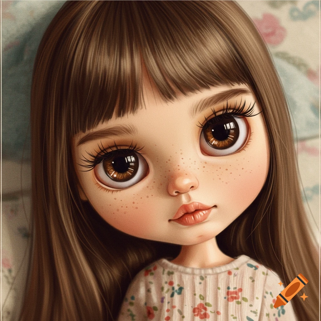 Stylized close-up portrait of a doll with large brown eyes, long lashes, freckles, and long brown hair, wearing a floral shirt.