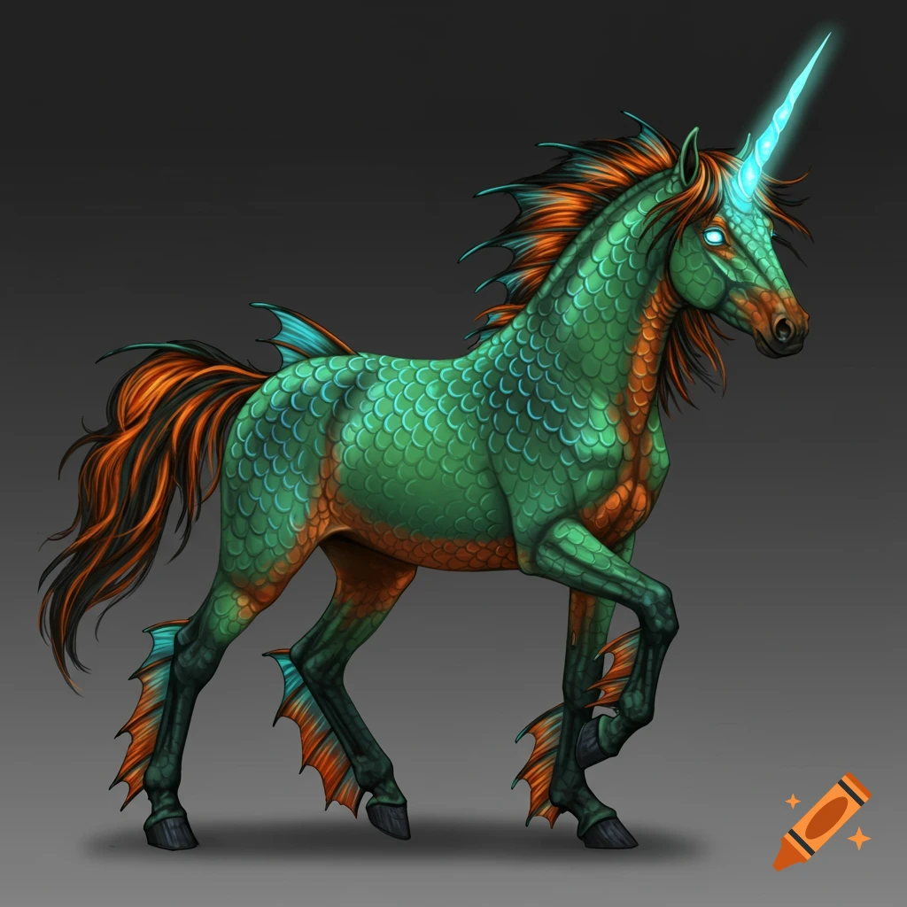 A mythical creature resembling a horse with green scales, orange mane ...