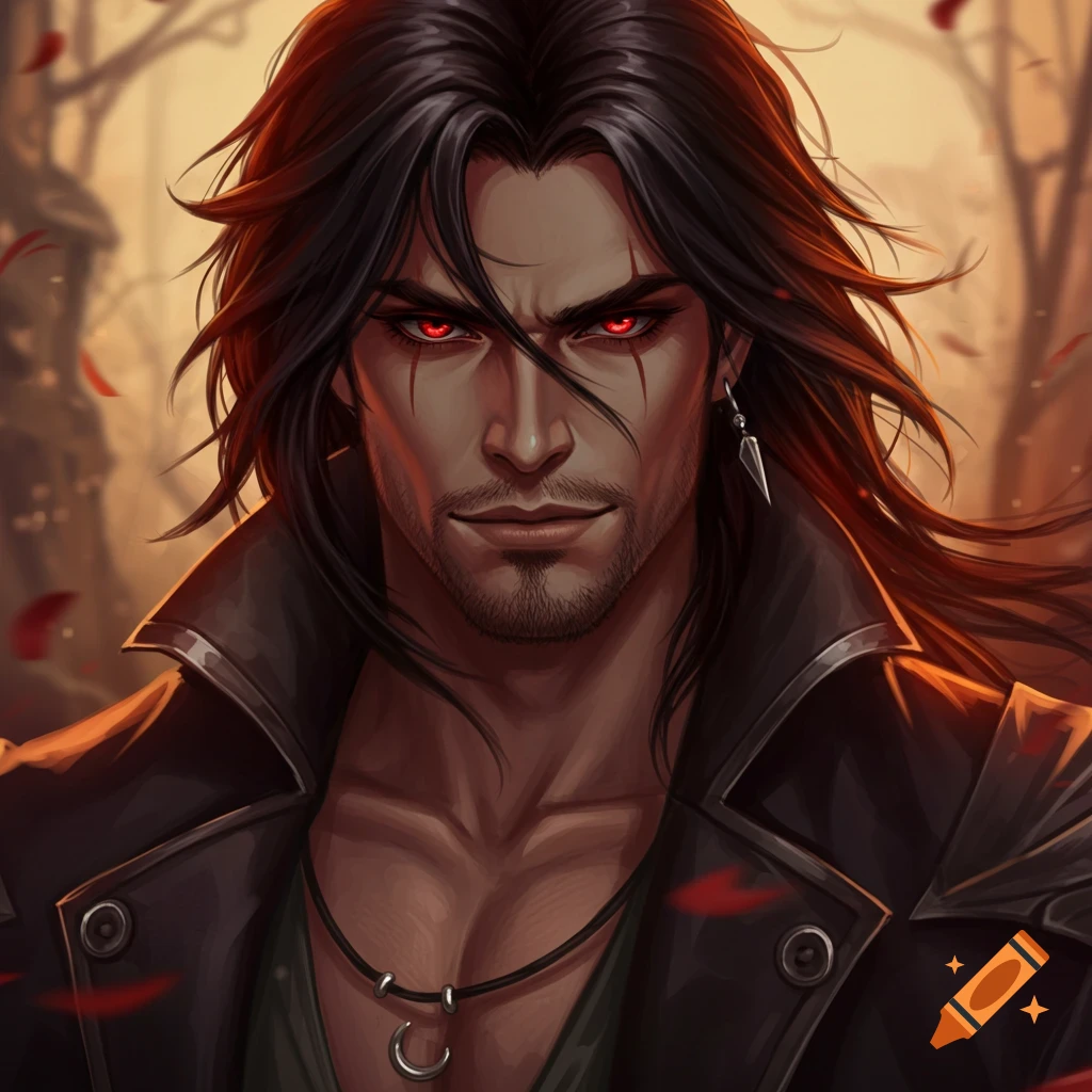 Illustrative portrait of a man with dark hair and glowing red eyes wearing a leather jacket.