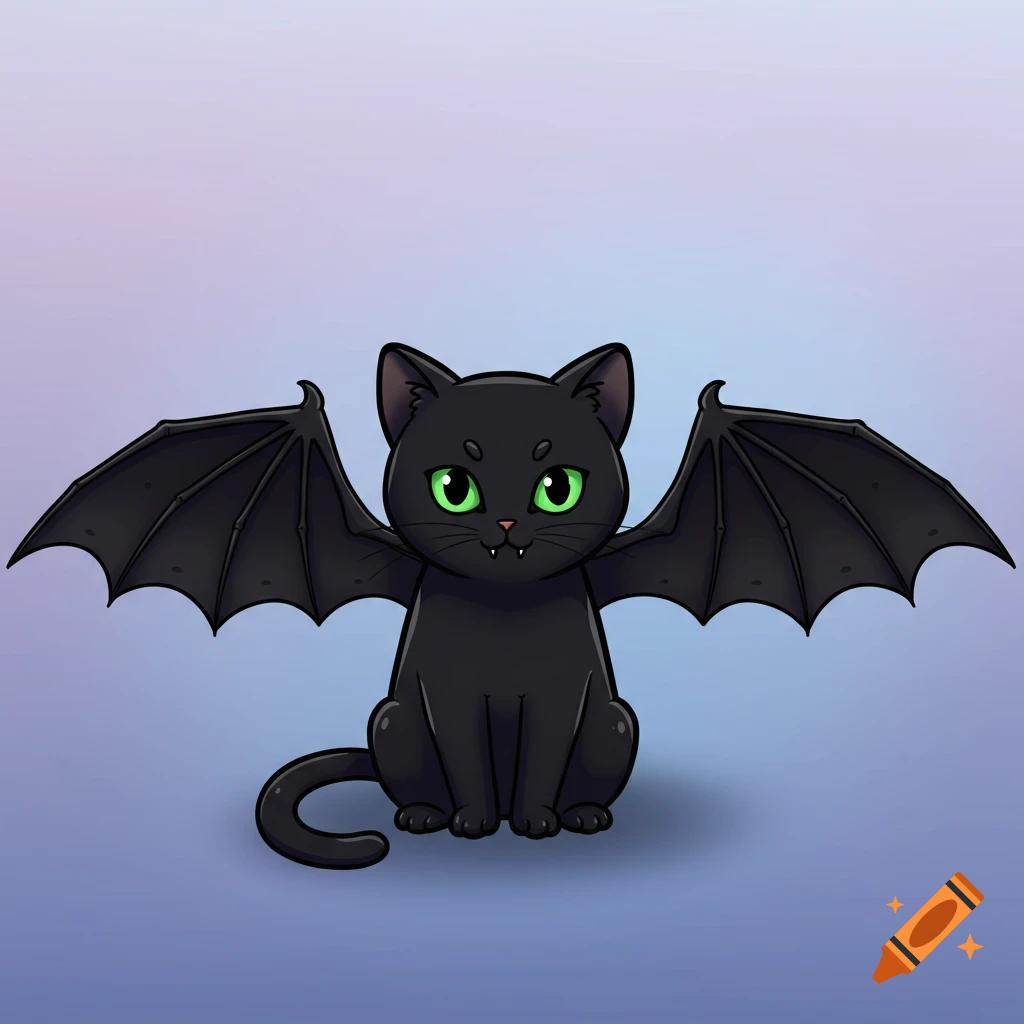 Cartoon illustration of a black cat with bat wings