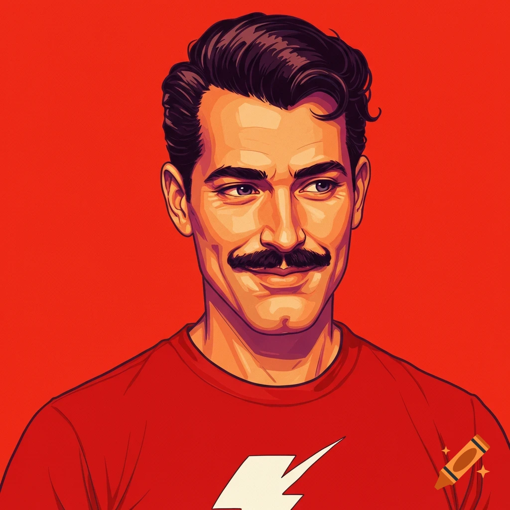 Illustration of a man with a mustache wearing a red shirt with a lightning bolt logo