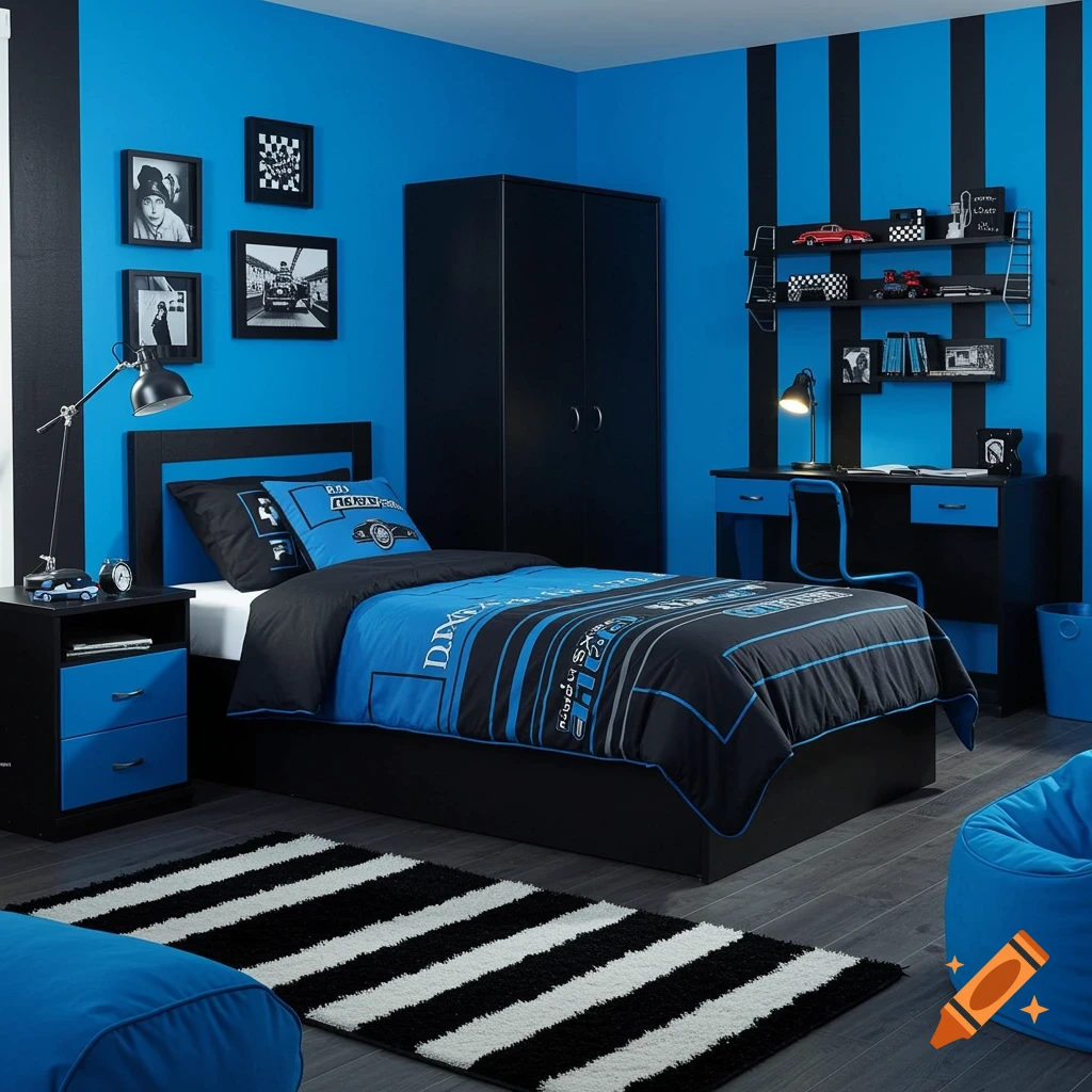 A black and blue kids bedroom with racing-themed bedding and black and  white striped rug. on Craiyon, image size:1024x1024