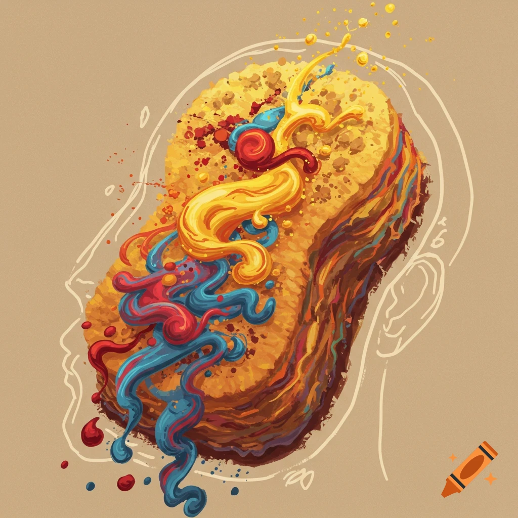 An abstract illustration showing a brain-like sponge object inside a head outline, with colorful red, blue, and yellow fluid flowing from it.