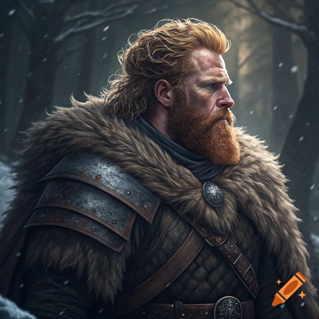 Portrait of a man with a red beard and fur cloak in a snowy forest.