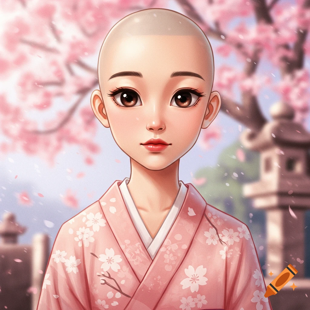 A bald anime girl in a pink kimono stands among cherry blossoms.