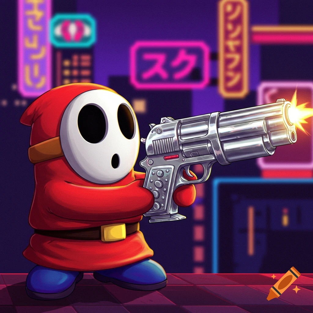 A cartoon character resembling Shy Guy holding a large silver handgun in a neon-lit city street at night, illustration style.