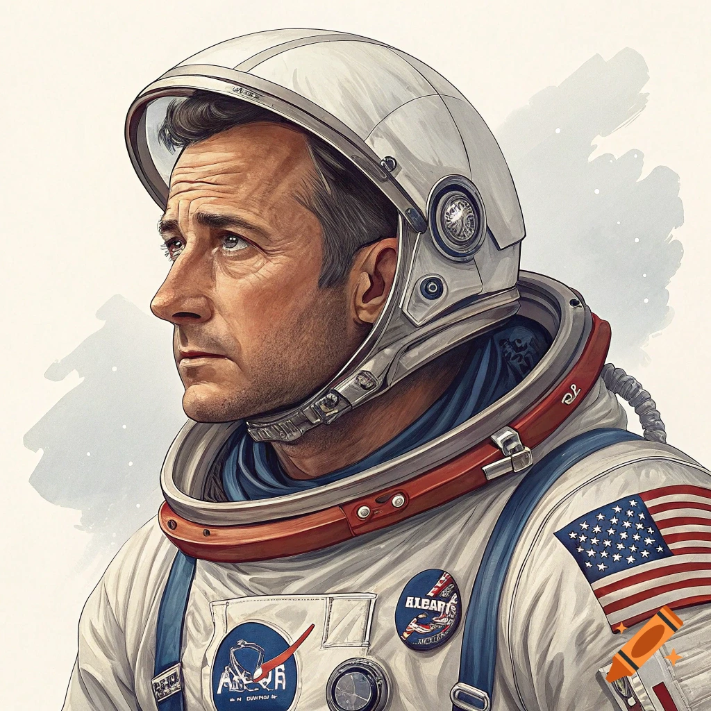 Illustrative portrait of an astronaut looking left, wearing a white ...