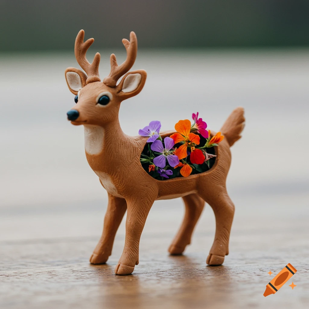 A miniature plasticine deer figure with a cavity filled with small colorful flowers.
