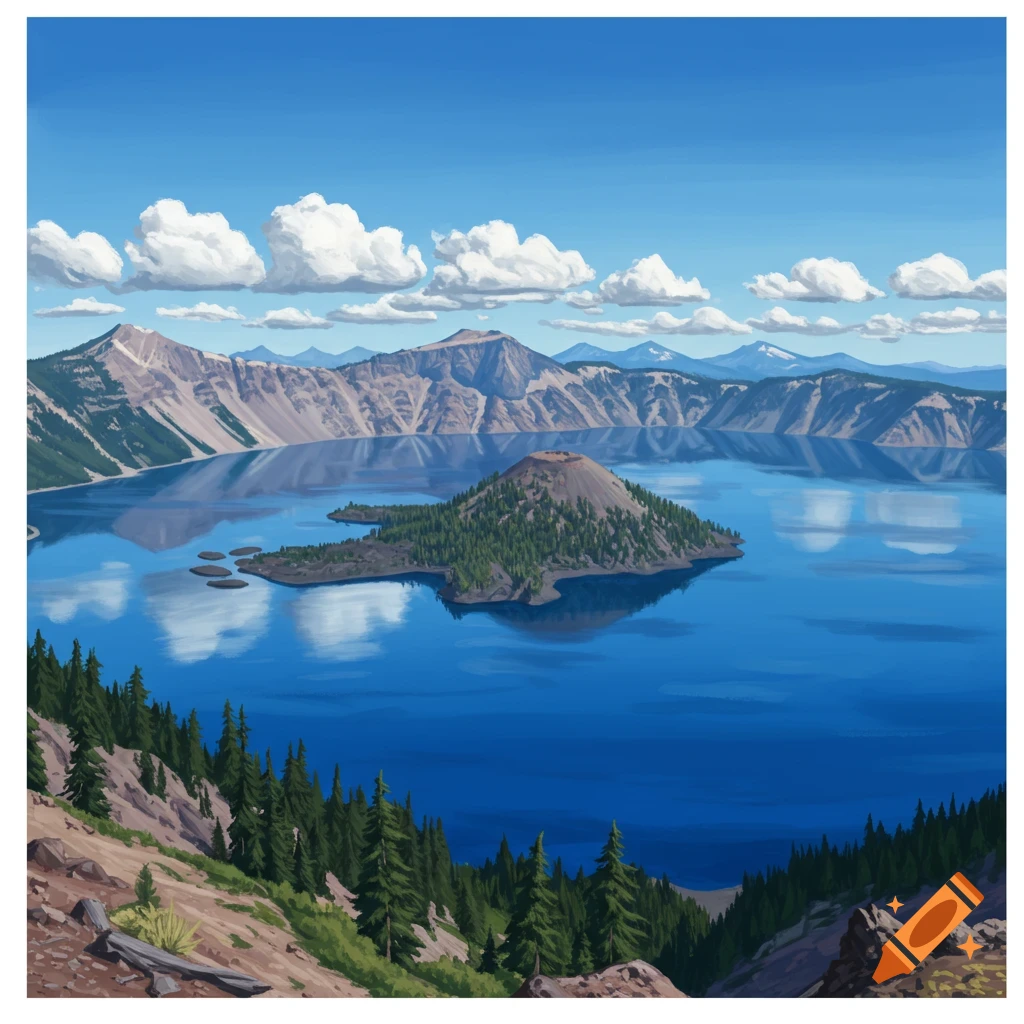Illustration of a blue lake surrounded by mountains under a cloudy sky, with a tree-covered island in the center.