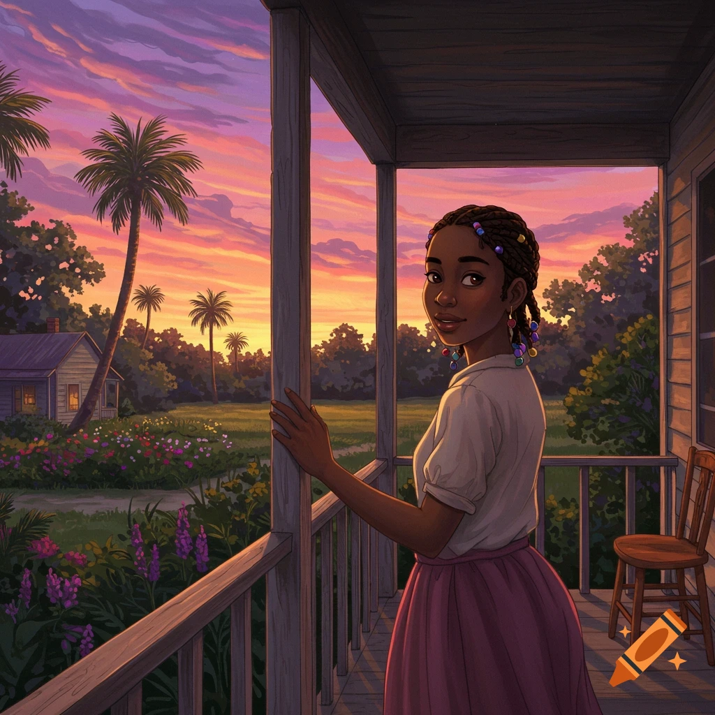 An illustration of a young Black woman standing on a porch with a sunset over a tropical landscape and house behind her.