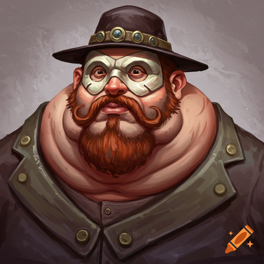 A stylized illustration of a large man wearing a hat and mask, with a beard and many chins.