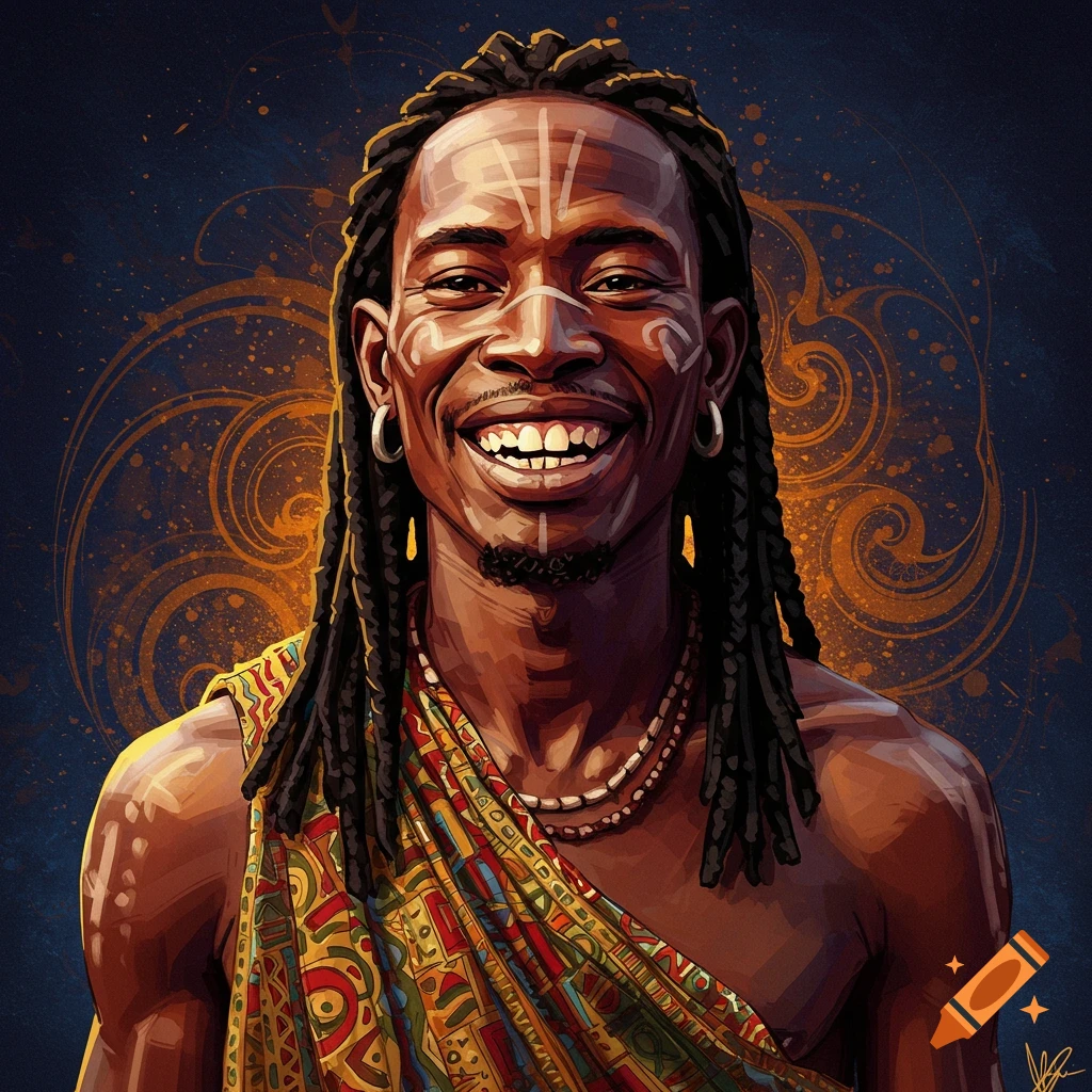Stylized portrait of an African man smiling, with face paint, dreadlocks, and colorful patterned clothing.