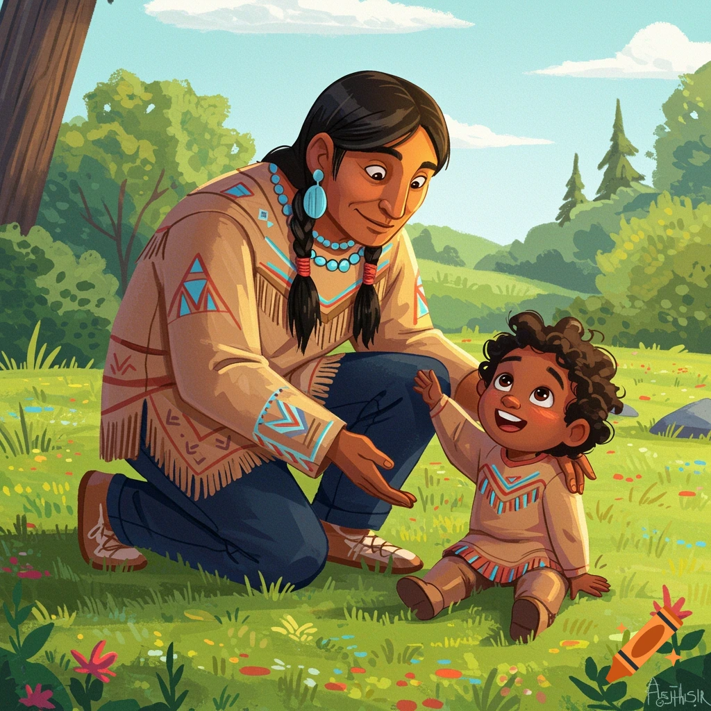 Illustration of a Native American parent kneeling in a grassy field with their child, both in traditional clothing.