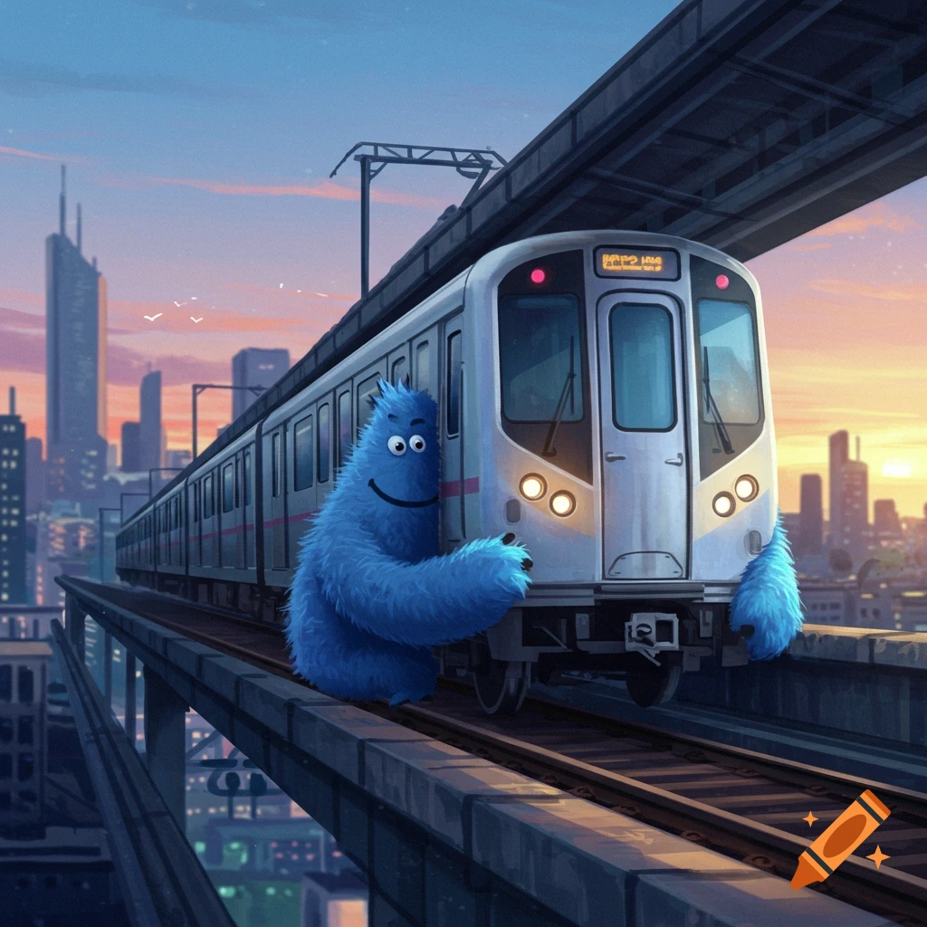 A blue fuzzy monster hugs a train on elevated tracks above a city skyline at sunset. Illustration style.