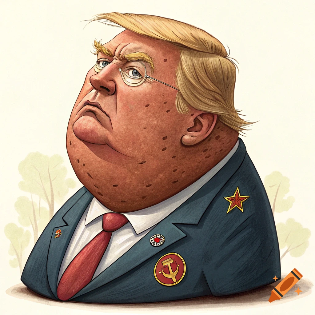 Cartoon caricature of Donald Trump as a sweet potato with a monocle and a hammer and sickle lapel pin.