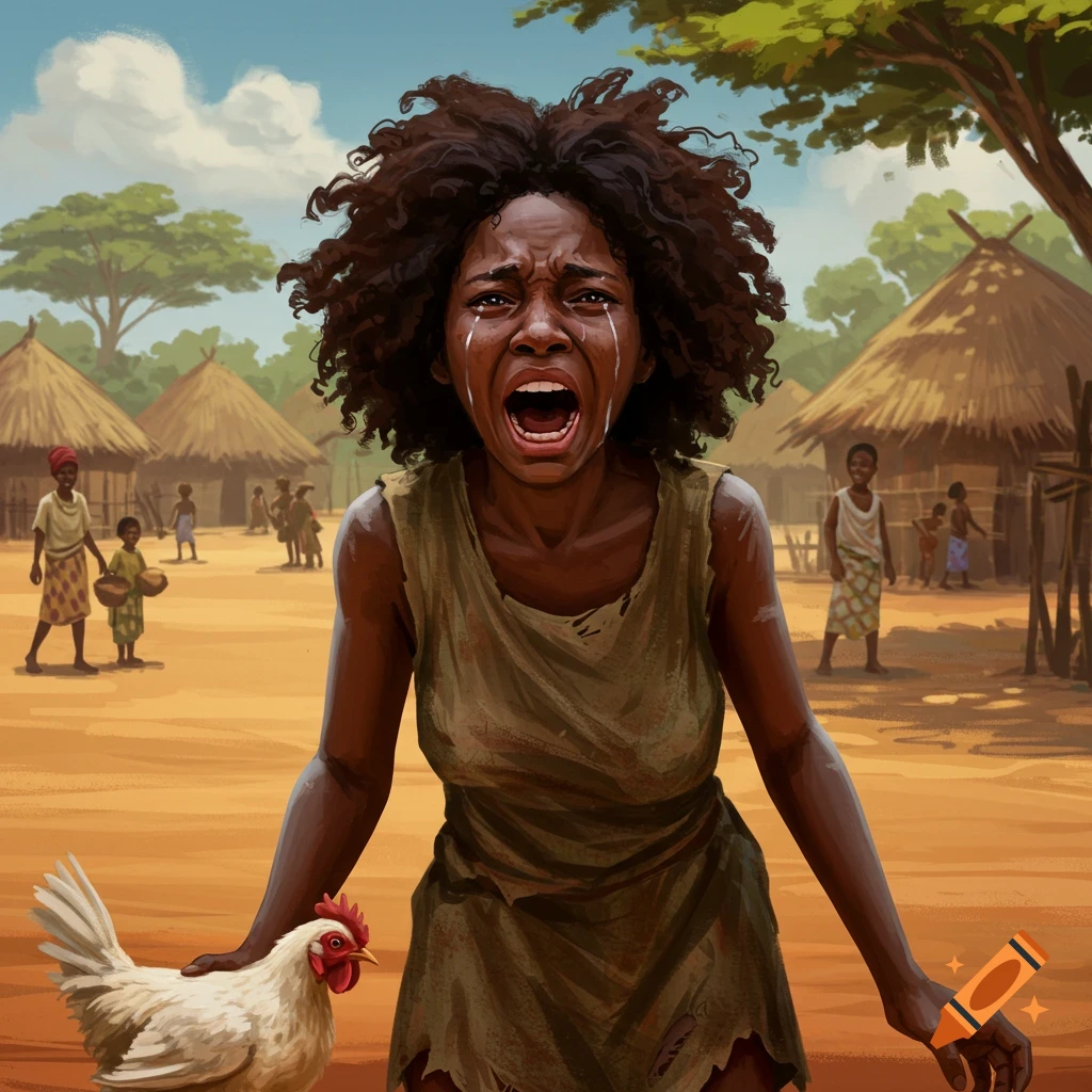 Illustration of a crying African woman screaming at a chicken in a village.