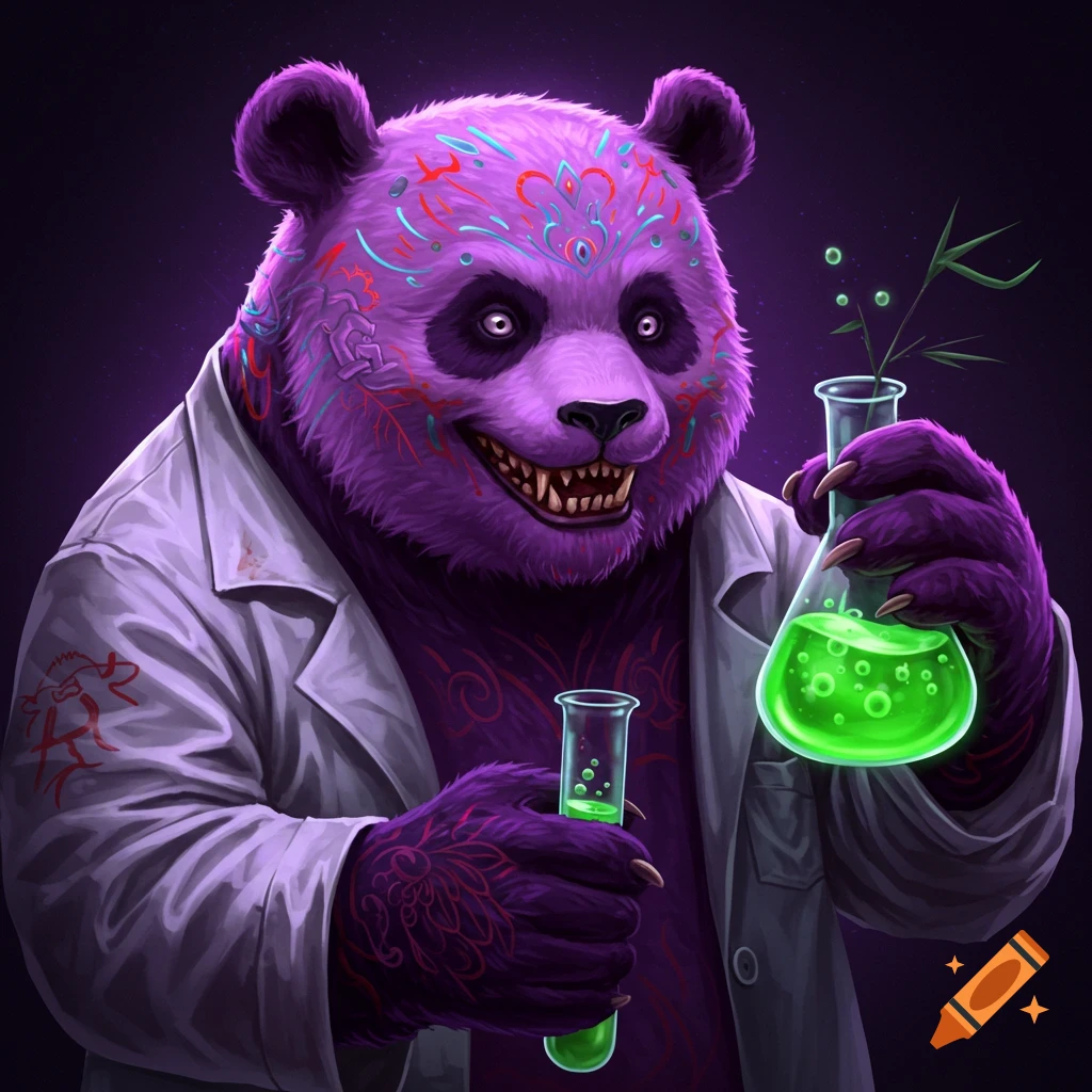 Digital illustration of a scary looking neon purple panda bear with tattoos wearing a lab coat and holding two beakers of glowing green liquid.