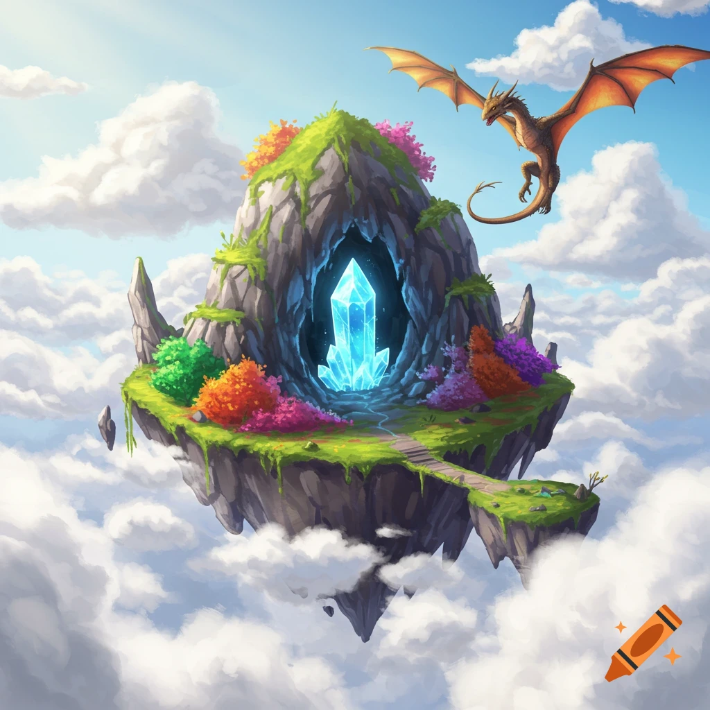 Fantasy illustration of a floating island with a cave, glowing crystal, and a dragon flying above.