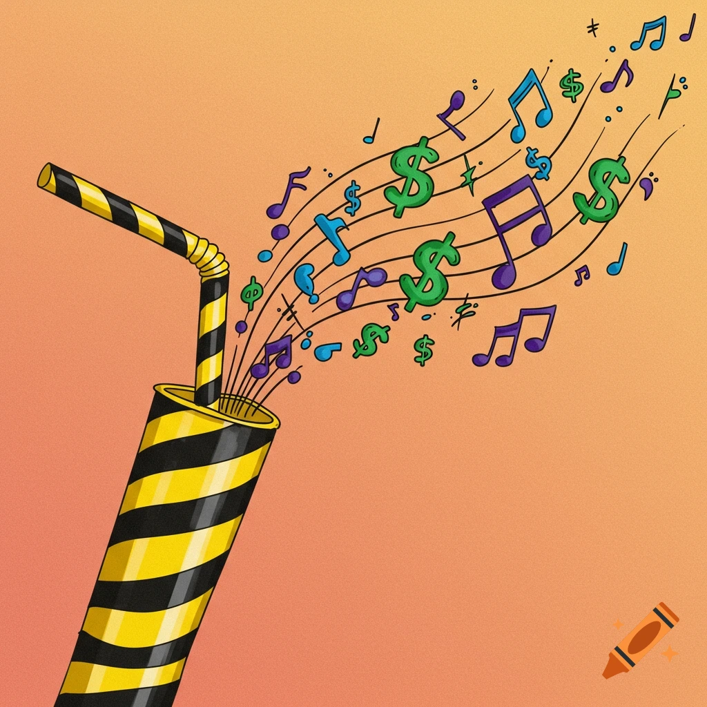 A cartoon illustration shows a straw sticking out of a yellow and black striped tube, spitting out green dollar signs and colored music notes.
