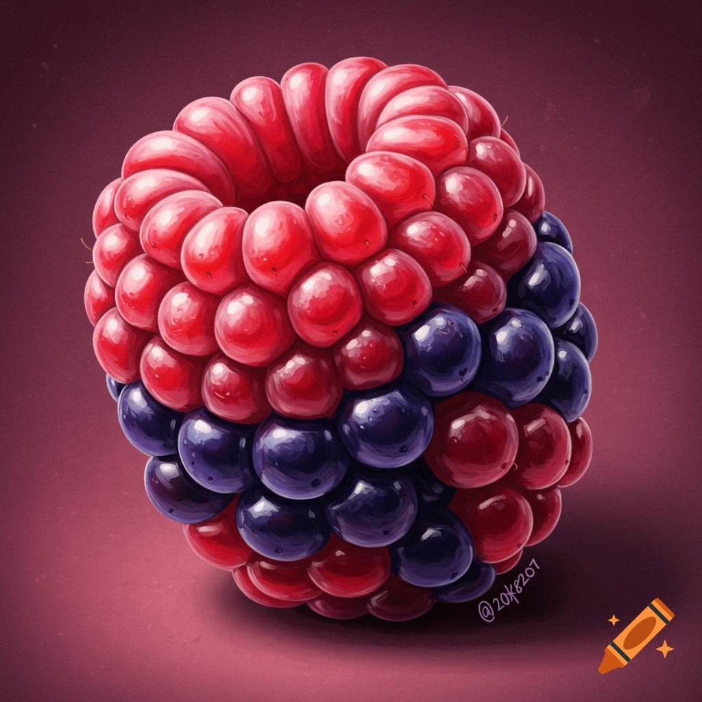 Close-up illustration of a hybrid berry with red and blue segments on a purple background.