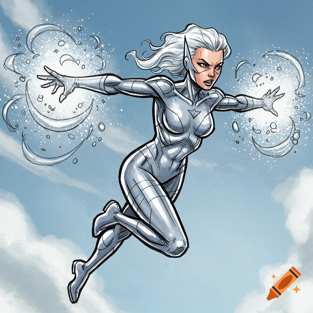 Comic art of a flying female superhero in a silver suit generating energy blasts from her hands.
