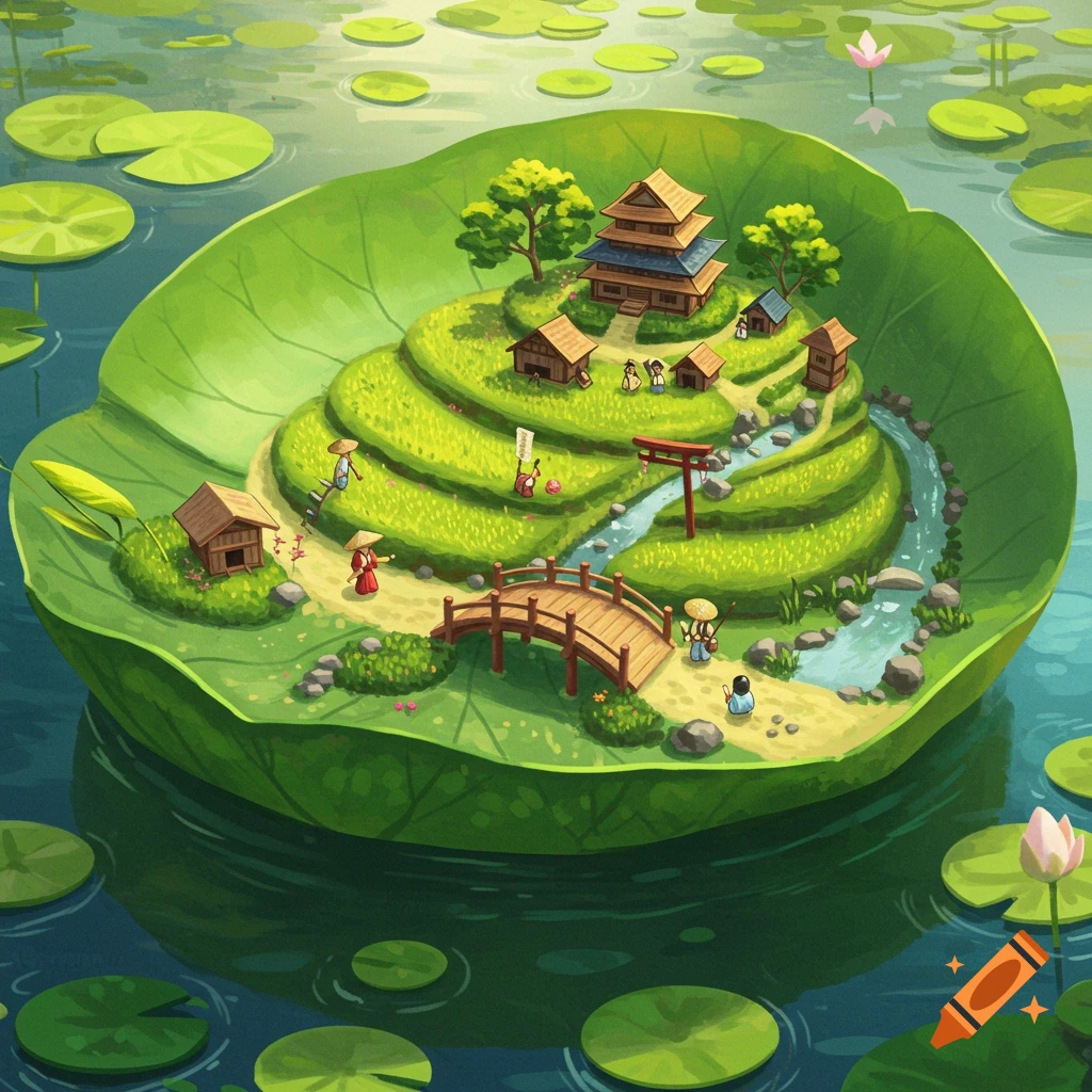 Illustration of a miniature world with houses, terraces, and people on a giant lotus leaf floating on water.