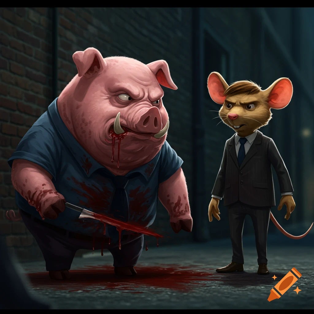 A blood-stained anthropomorphic pig with a knife stands facing a mouse in a suit in a dark alley. Illustration style.