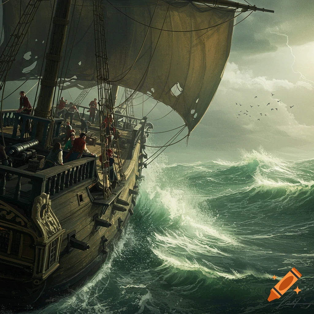 A pirate ship sails through rough green waves under a stormy sky with lightning.
