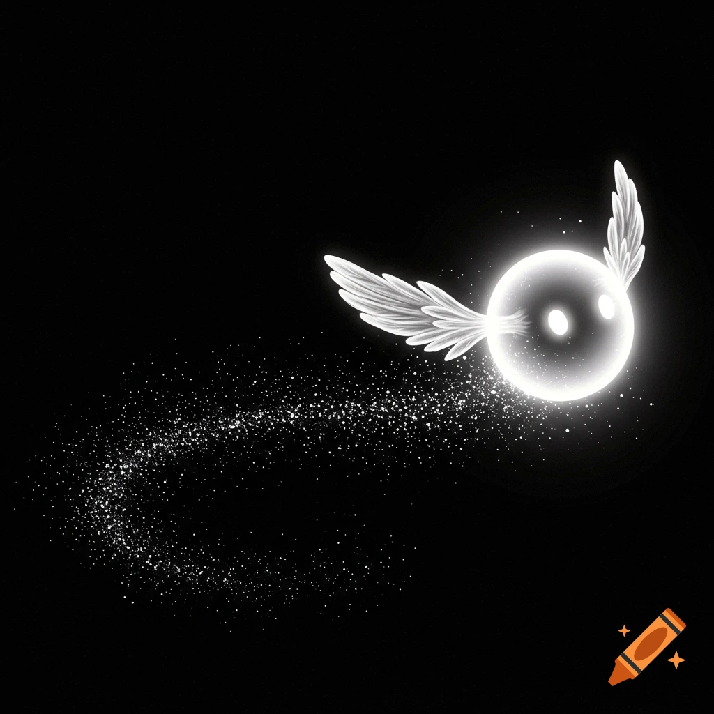 A glowing white sphere with feathered wings leaves a trail of particles on a black background.